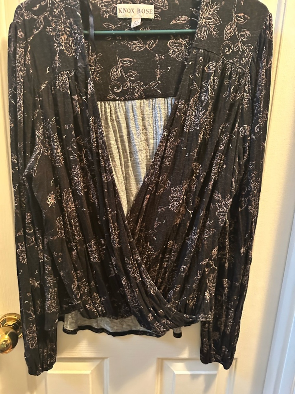 Knox Rose Black Floral Wrap Blouse with Cream Print